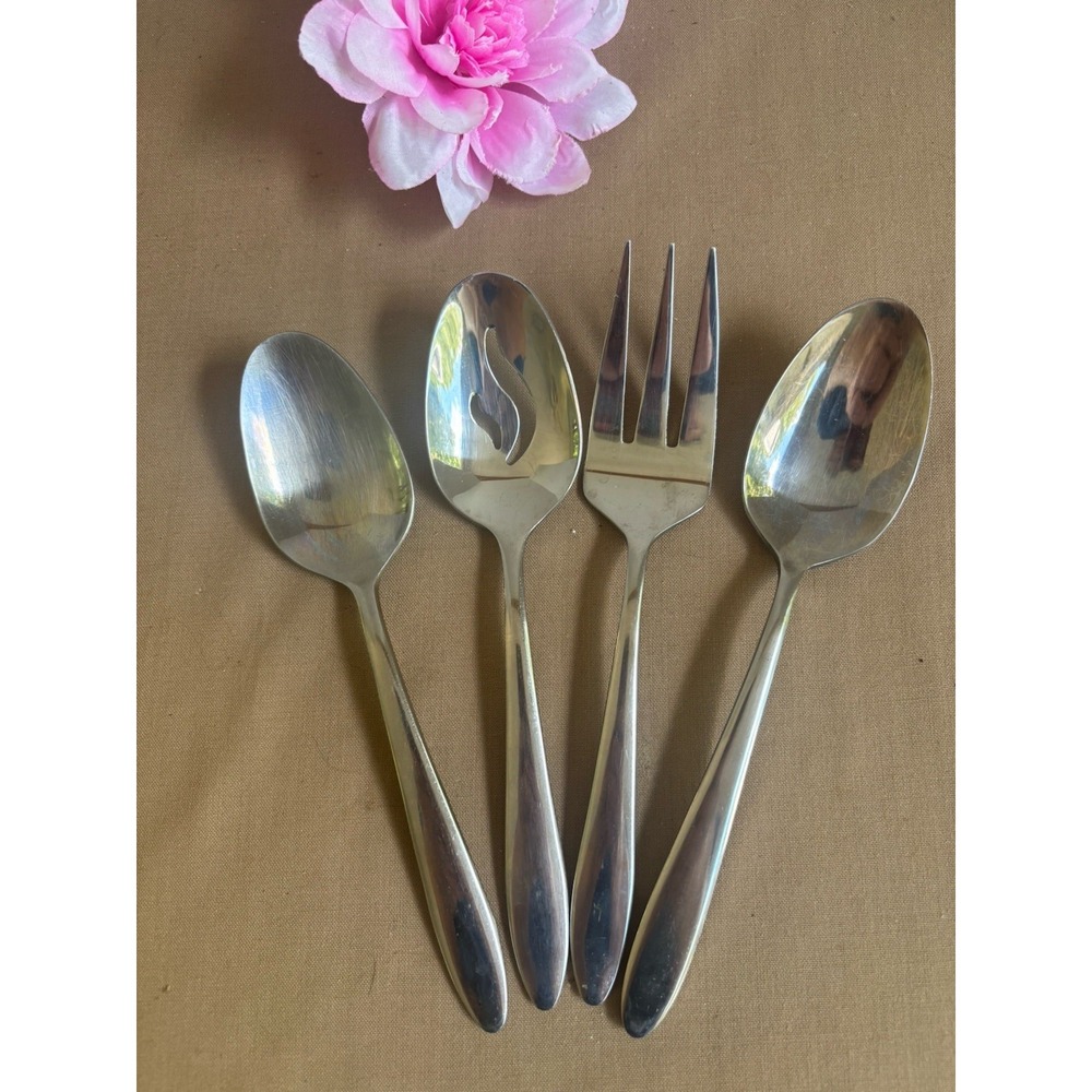 4 Oneida Mooncrest Serving Set Spoons Slotted Spoon Fork Stainless Flatware 8.5"